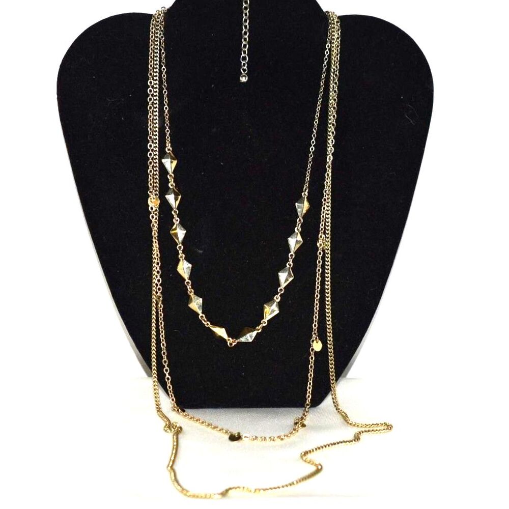 Nostalgic Layered Gold Tone Link Chains/ Diamond Shape Metal Beads 32" Necklace